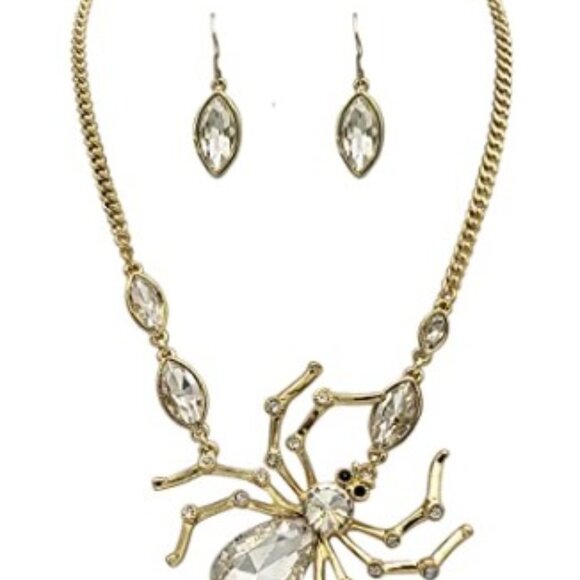 CRYSTAL SPIDER GOTH HALLOWEEN HOLIDAY STATEMENT NECKLACE EARRINGS SET 3D - Picture 2 of 8